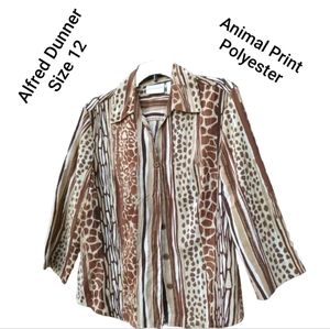 Alfred Dunner Top Size 12 Brown Animal Print 3/4 Sleeve Button Up Front